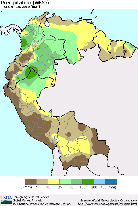 Northern South America Precipitation (WMO) Thematic Map For 9/9/2019 - 9/15/2019