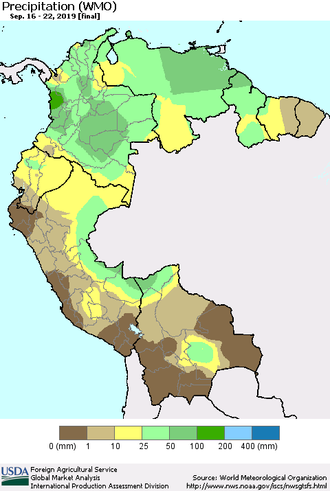 Northern South America Precipitation (WMO) Thematic Map For 9/16/2019 - 9/22/2019