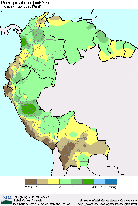 Northern South America Precipitation (WMO) Thematic Map For 10/14/2019 - 10/20/2019