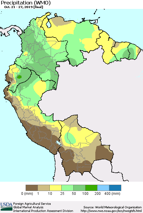 Northern South America Precipitation (WMO) Thematic Map For 10/21/2019 - 10/27/2019