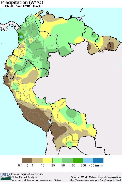 Northern South America Precipitation (WMO) Thematic Map For 10/28/2019 - 11/3/2019