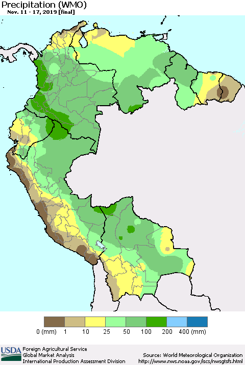 Northern South America Precipitation (WMO) Thematic Map For 11/11/2019 - 11/17/2019
