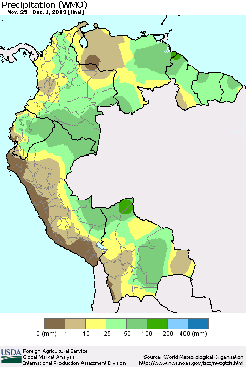 Northern South America Precipitation (WMO) Thematic Map For 11/25/2019 - 12/1/2019
