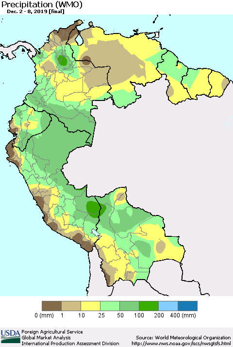 Northern South America Precipitation (WMO) Thematic Map For 12/2/2019 - 12/8/2019