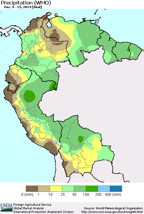 Northern South America Precipitation (WMO) Thematic Map For 12/9/2019 - 12/15/2019