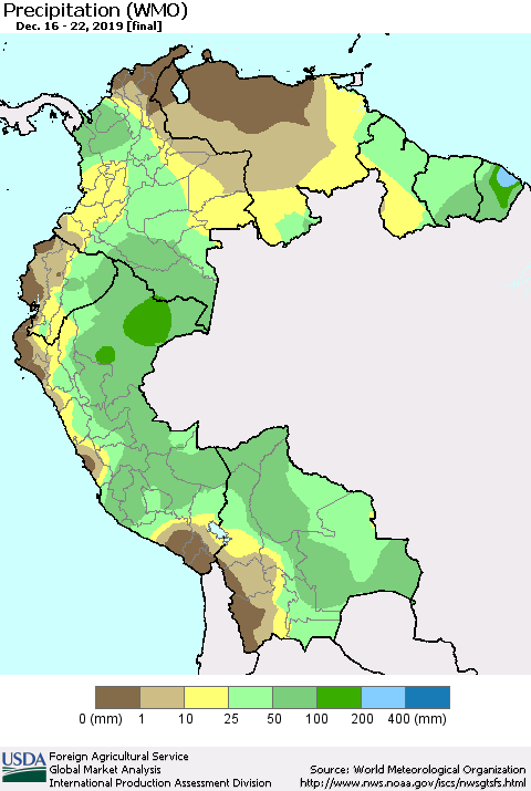Northern South America Precipitation (WMO) Thematic Map For 12/16/2019 - 12/22/2019