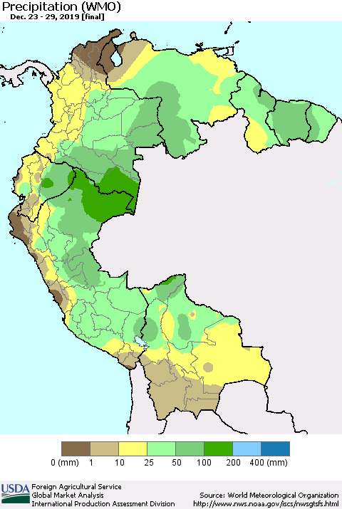 Northern South America Precipitation (WMO) Thematic Map For 12/23/2019 - 12/29/2019