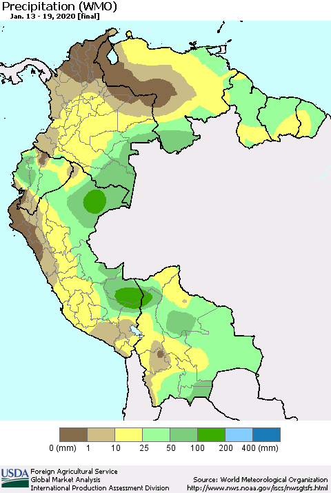 Northern South America Precipitation (WMO) Thematic Map For 1/13/2020 - 1/19/2020