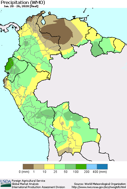 Northern South America Precipitation (WMO) Thematic Map For 1/20/2020 - 1/26/2020