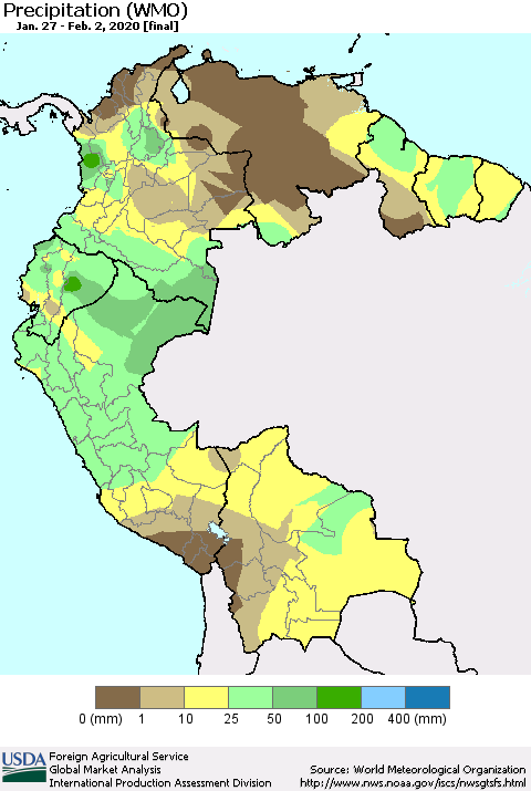 Northern South America Precipitation (WMO) Thematic Map For 1/27/2020 - 2/2/2020