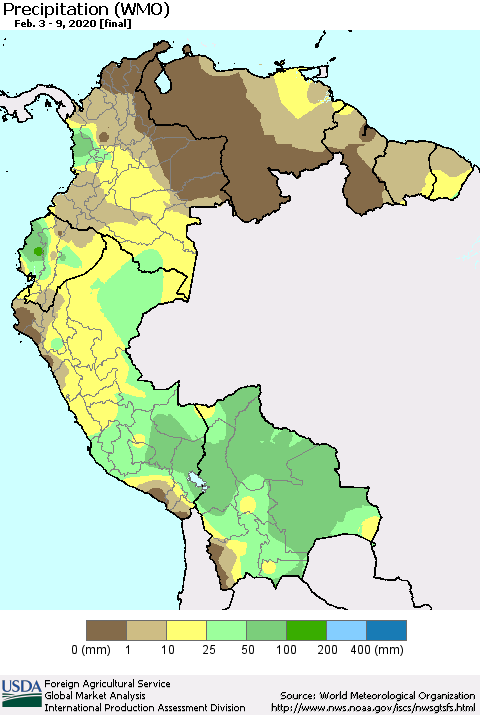 Northern South America Precipitation (WMO) Thematic Map For 2/3/2020 - 2/9/2020