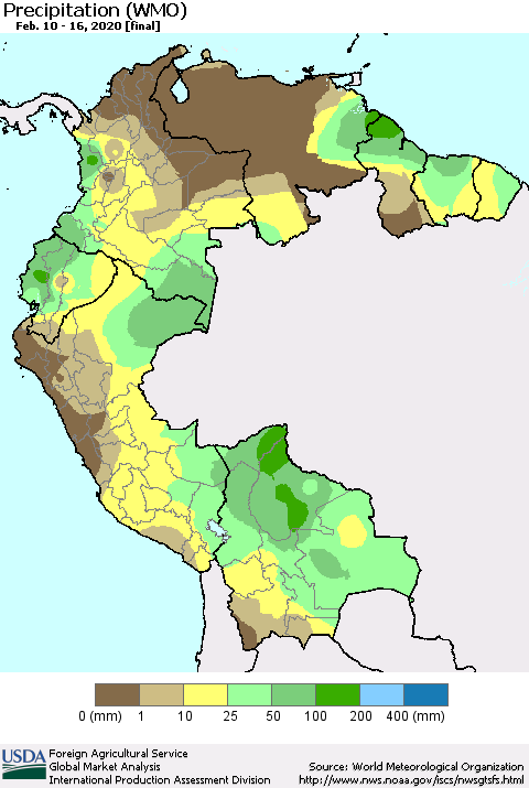 Northern South America Precipitation (WMO) Thematic Map For 2/10/2020 - 2/16/2020