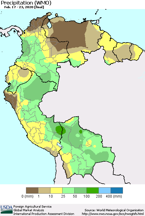 Northern South America Precipitation (WMO) Thematic Map For 2/17/2020 - 2/23/2020