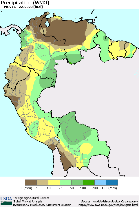 Northern South America Precipitation (WMO) Thematic Map For 3/16/2020 - 3/22/2020