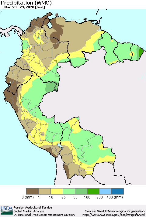 Northern South America Precipitation (WMO) Thematic Map For 3/23/2020 - 3/29/2020