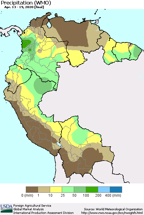 Northern South America Precipitation (WMO) Thematic Map For 4/13/2020 - 4/19/2020