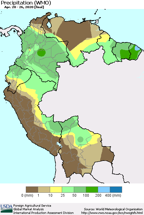 Northern South America Precipitation (WMO) Thematic Map For 4/20/2020 - 4/26/2020