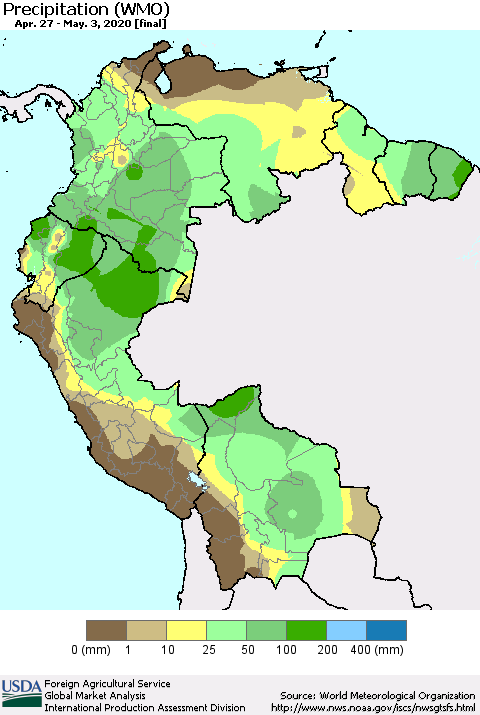 Northern South America Precipitation (WMO) Thematic Map For 4/27/2020 - 5/3/2020