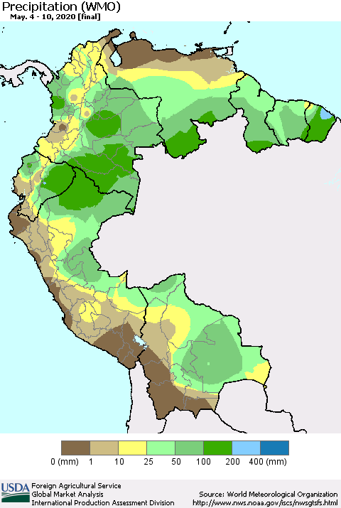 Northern South America Precipitation (WMO) Thematic Map For 5/4/2020 - 5/10/2020