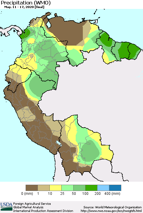 Northern South America Precipitation (WMO) Thematic Map For 5/11/2020 - 5/17/2020