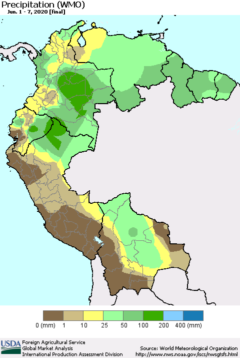 Northern South America Precipitation (WMO) Thematic Map For 6/1/2020 - 6/7/2020