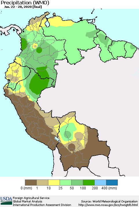 Northern South America Precipitation (WMO) Thematic Map For 6/22/2020 - 6/28/2020