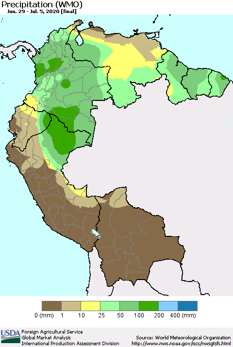 Northern South America Precipitation (WMO) Thematic Map For 6/29/2020 - 7/5/2020