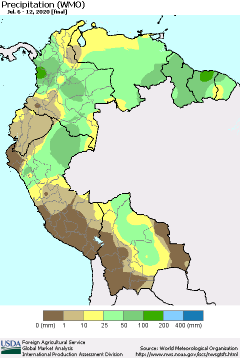 Northern South America Precipitation (WMO) Thematic Map For 7/6/2020 - 7/12/2020