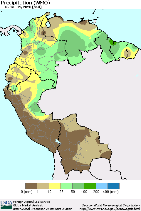 Northern South America Precipitation (WMO) Thematic Map For 7/13/2020 - 7/19/2020