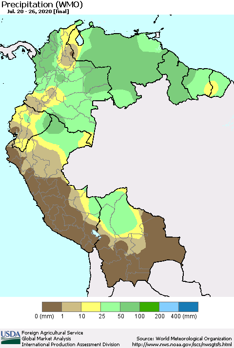 Northern South America Precipitation (WMO) Thematic Map For 7/20/2020 - 7/26/2020