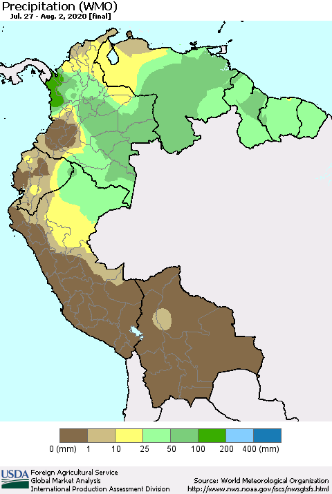 Northern South America Precipitation (WMO) Thematic Map For 7/27/2020 - 8/2/2020