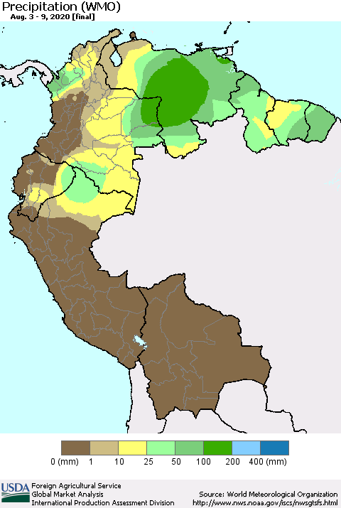 Northern South America Precipitation (WMO) Thematic Map For 8/3/2020 - 8/9/2020