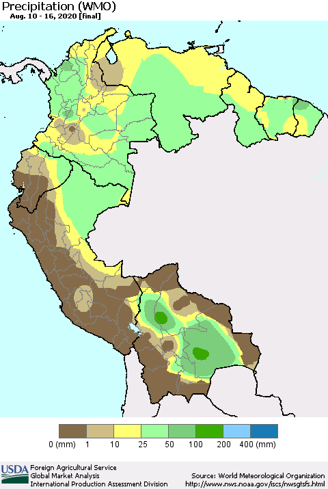 Northern South America Precipitation (WMO) Thematic Map For 8/10/2020 - 8/16/2020
