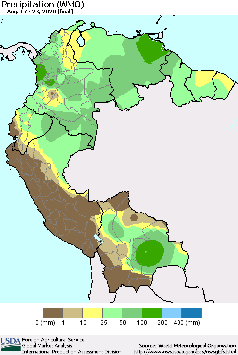 Northern South America Precipitation (WMO) Thematic Map For 8/17/2020 - 8/23/2020