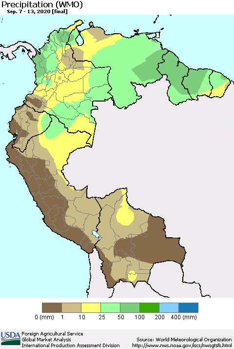 Northern South America Precipitation (WMO) Thematic Map For 9/7/2020 - 9/13/2020
