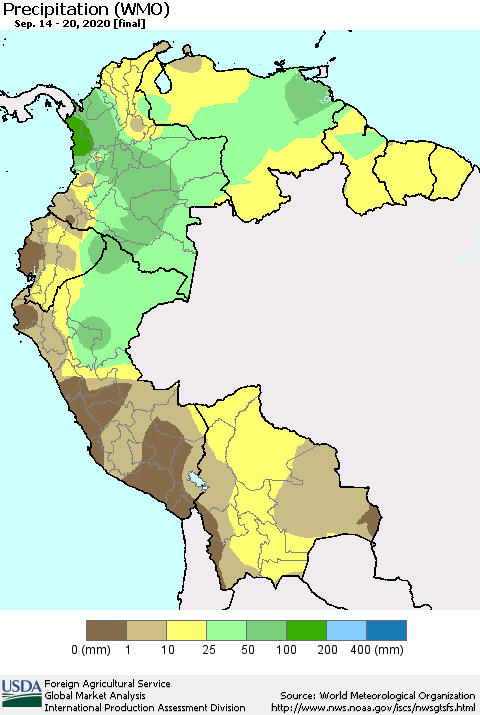 Northern South America Precipitation (WMO) Thematic Map For 9/14/2020 - 9/20/2020