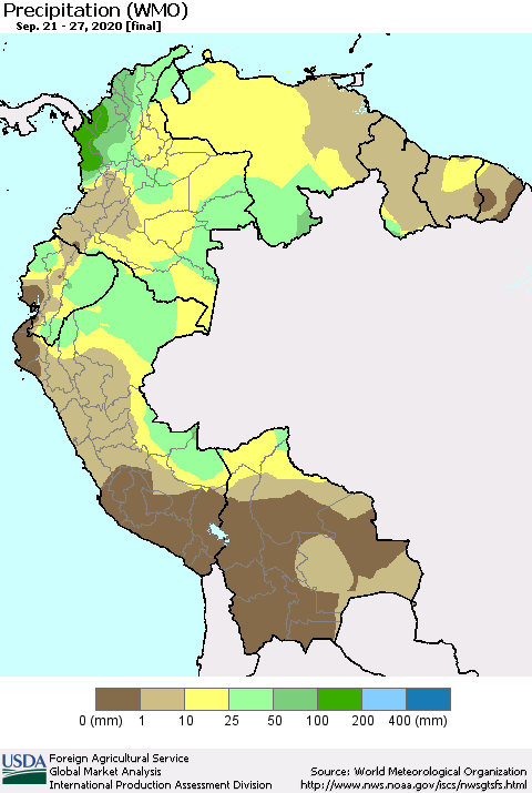 Northern South America Precipitation (WMO) Thematic Map For 9/21/2020 - 9/27/2020