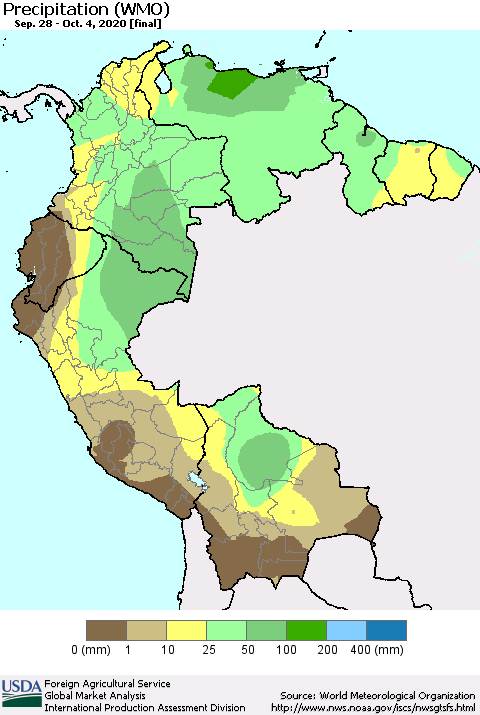 Northern South America Precipitation (WMO) Thematic Map For 9/28/2020 - 10/4/2020