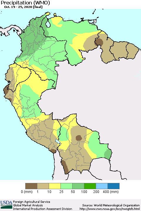 Northern South America Precipitation (WMO) Thematic Map For 10/19/2020 - 10/25/2020