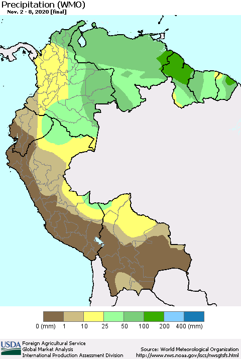 Northern South America Precipitation (WMO) Thematic Map For 11/2/2020 - 11/8/2020