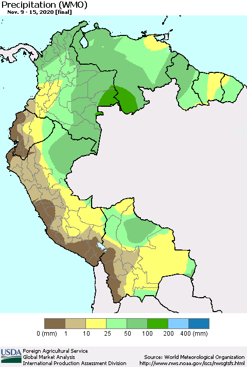 Northern South America Precipitation (WMO) Thematic Map For 11/9/2020 - 11/15/2020