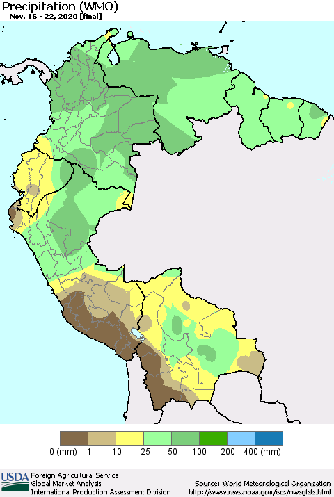 Northern South America Precipitation (WMO) Thematic Map For 11/16/2020 - 11/22/2020