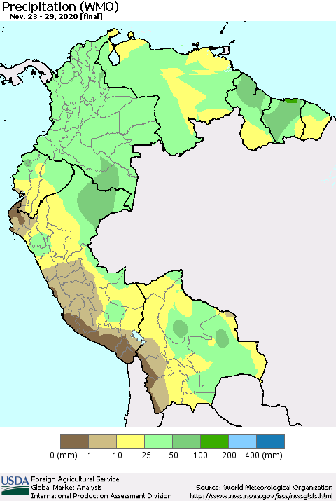 Northern South America Precipitation (WMO) Thematic Map For 11/23/2020 - 11/29/2020