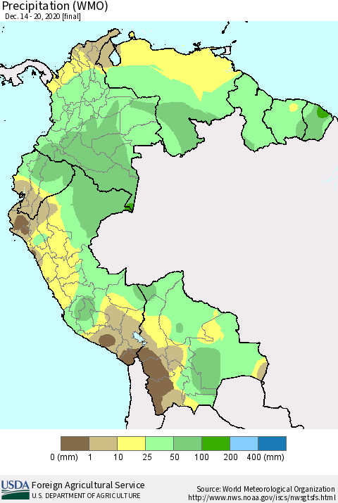 Northern South America Precipitation (WMO) Thematic Map For 12/14/2020 - 12/20/2020