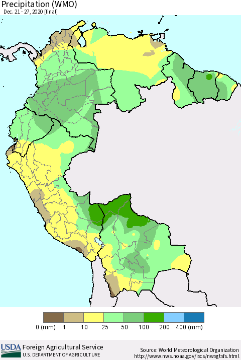 Northern South America Precipitation (WMO) Thematic Map For 12/21/2020 - 12/27/2020