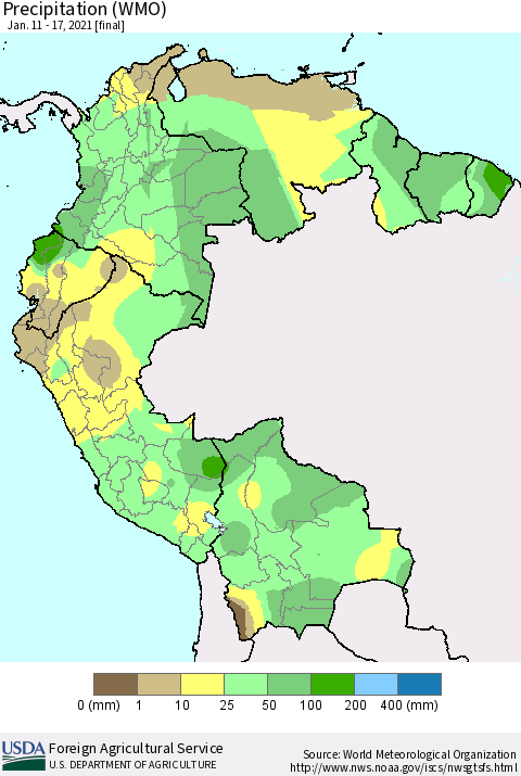 Northern South America Precipitation (WMO) Thematic Map For 1/11/2021 - 1/17/2021