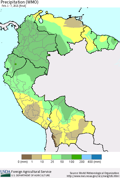 Northern South America Precipitation (WMO) Thematic Map For 2/1/2021 - 2/7/2021