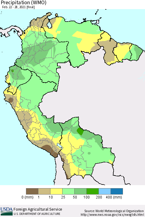 Northern South America Precipitation (WMO) Thematic Map For 2/22/2021 - 2/28/2021