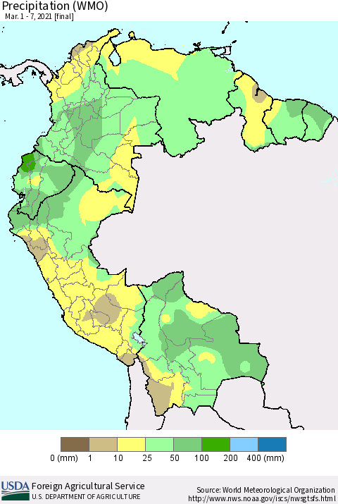 Northern South America Precipitation (WMO) Thematic Map For 3/1/2021 - 3/7/2021