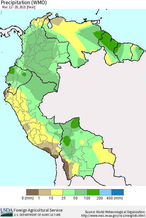 Northern South America Precipitation (WMO) Thematic Map For 3/22/2021 - 3/28/2021